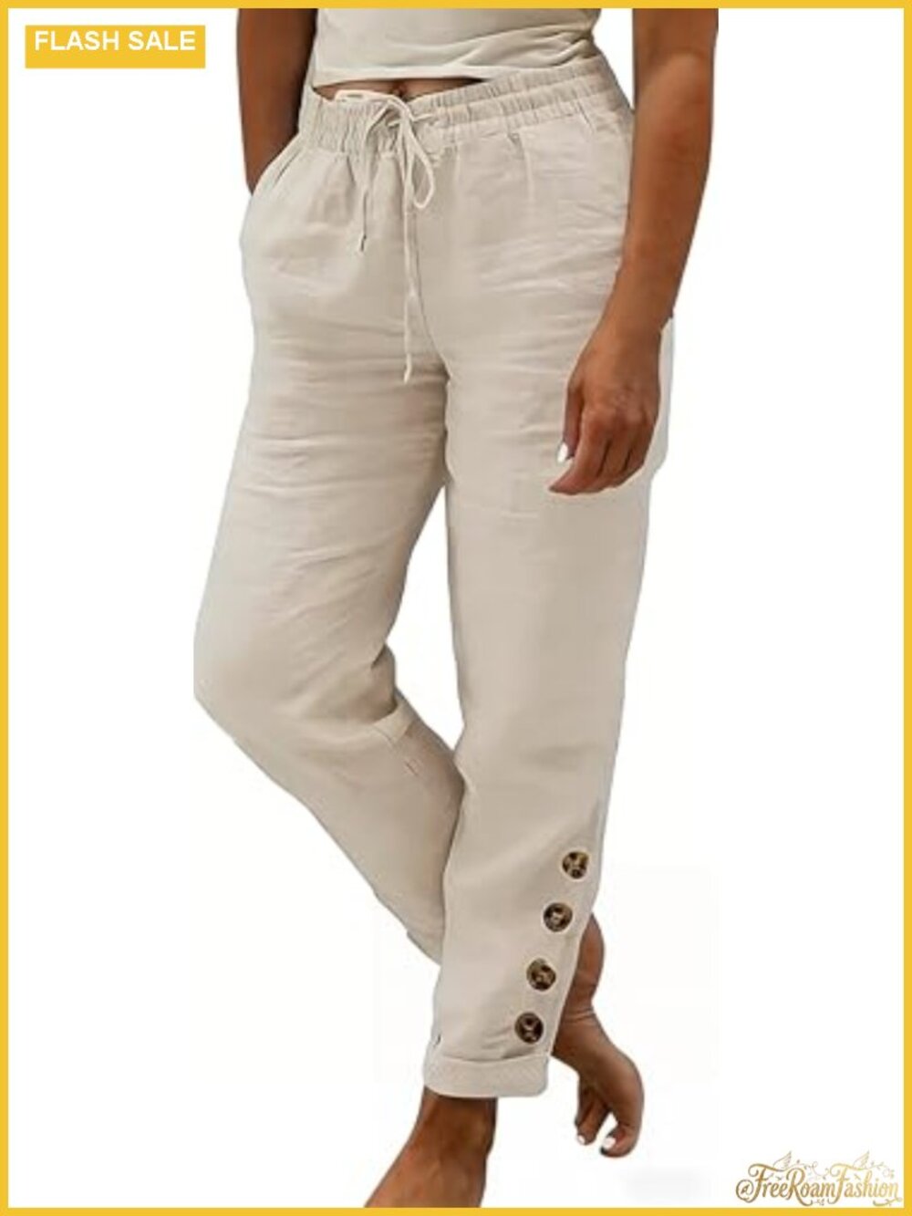 Women Linen Pants Summer Casual Drawstring Elastic Waist Lightweight Capris
